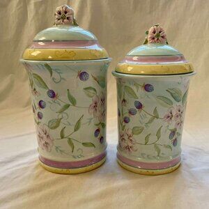 Vintage Capriware Ceramic Canister Set – White Floral & Berry Design – Set of 2
